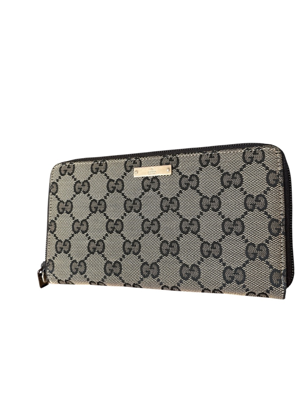 Gucci Beige & Black GG Canvas Zip Wallet large card holder patent interior